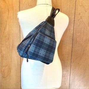 Gray & Blue plaid chest bag backpack with built in wallet on outside